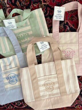 NWT Trader Joe's Stripe Mini Canvas Tote Bags/Set of 4: pink, blue, green, taupe